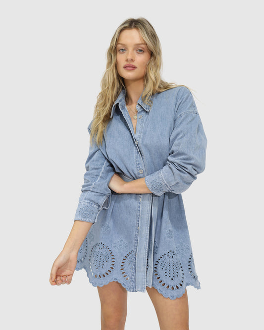 Sunday Somewhere Denim Broderie Mini Shirt Dress - Stonewash