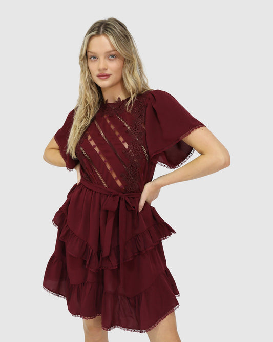 Burgundy The Softest Spell Ruffle Mini Dress with lace detailing and ruffle detailing - front view
