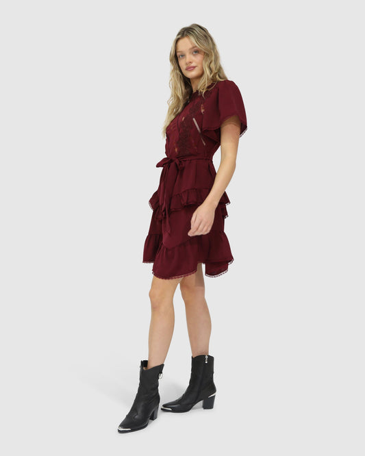Burgundy The Softest Spell Ruffle Mini Dress with lace detailing - alternate view