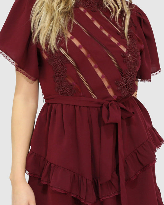 Burgundy The Softest Spell Ruffle Mini Dress with removable fabric waist tie with side belt loops - alternate view