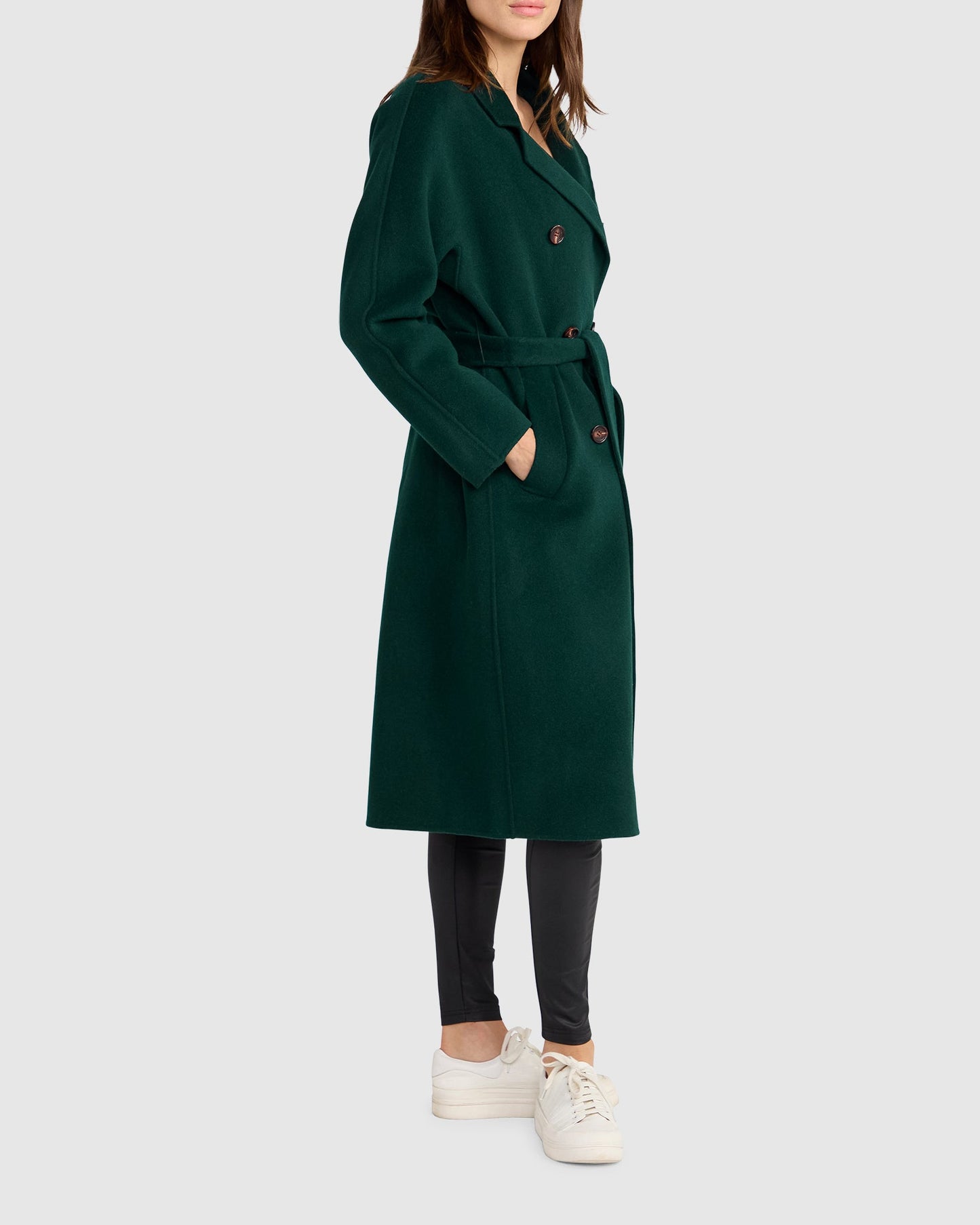 Standing Still Wool Blend Belted Coat - Dark Green