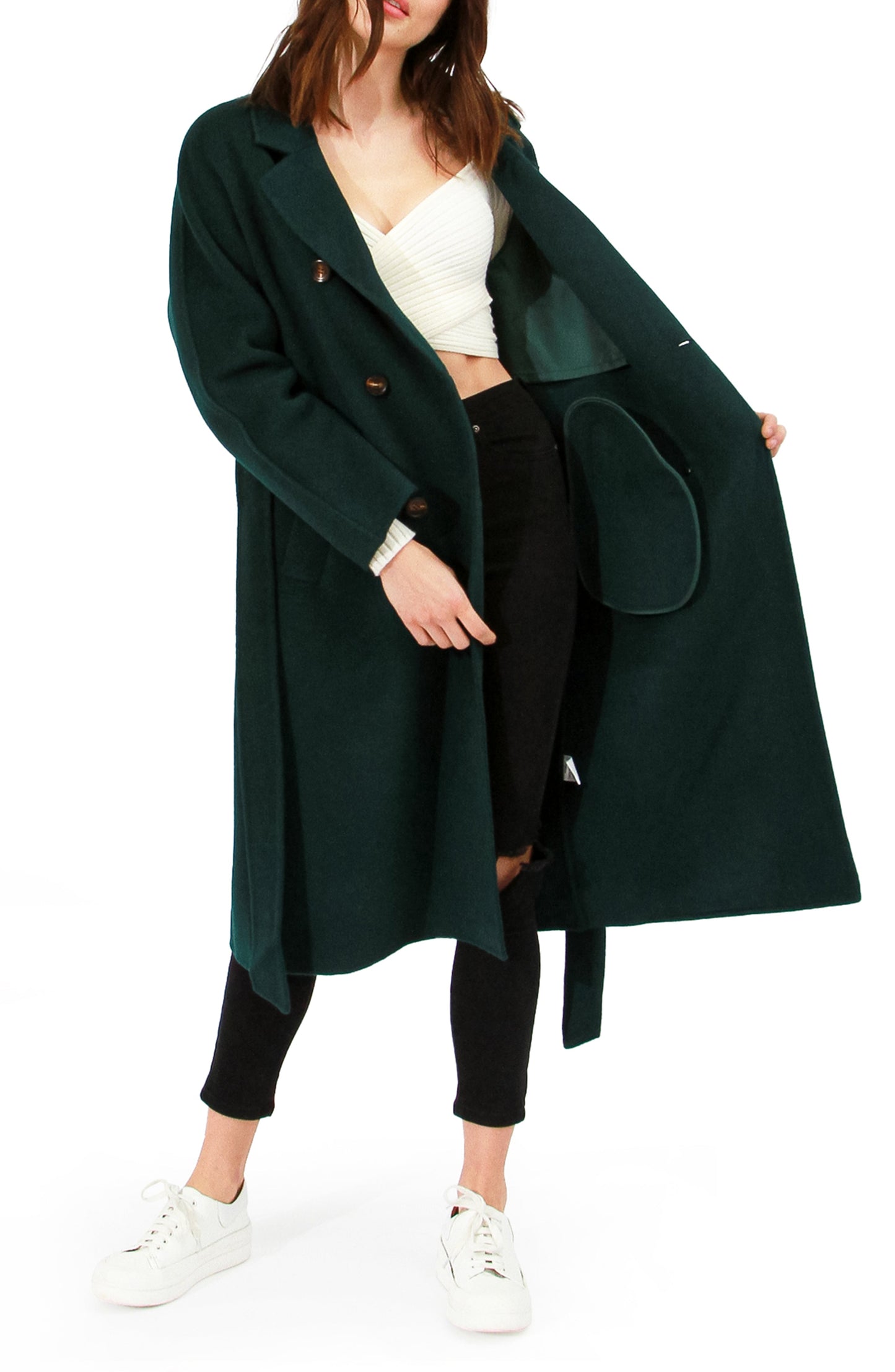 Standing Still Wool Blend Belted Coat - Dark Green