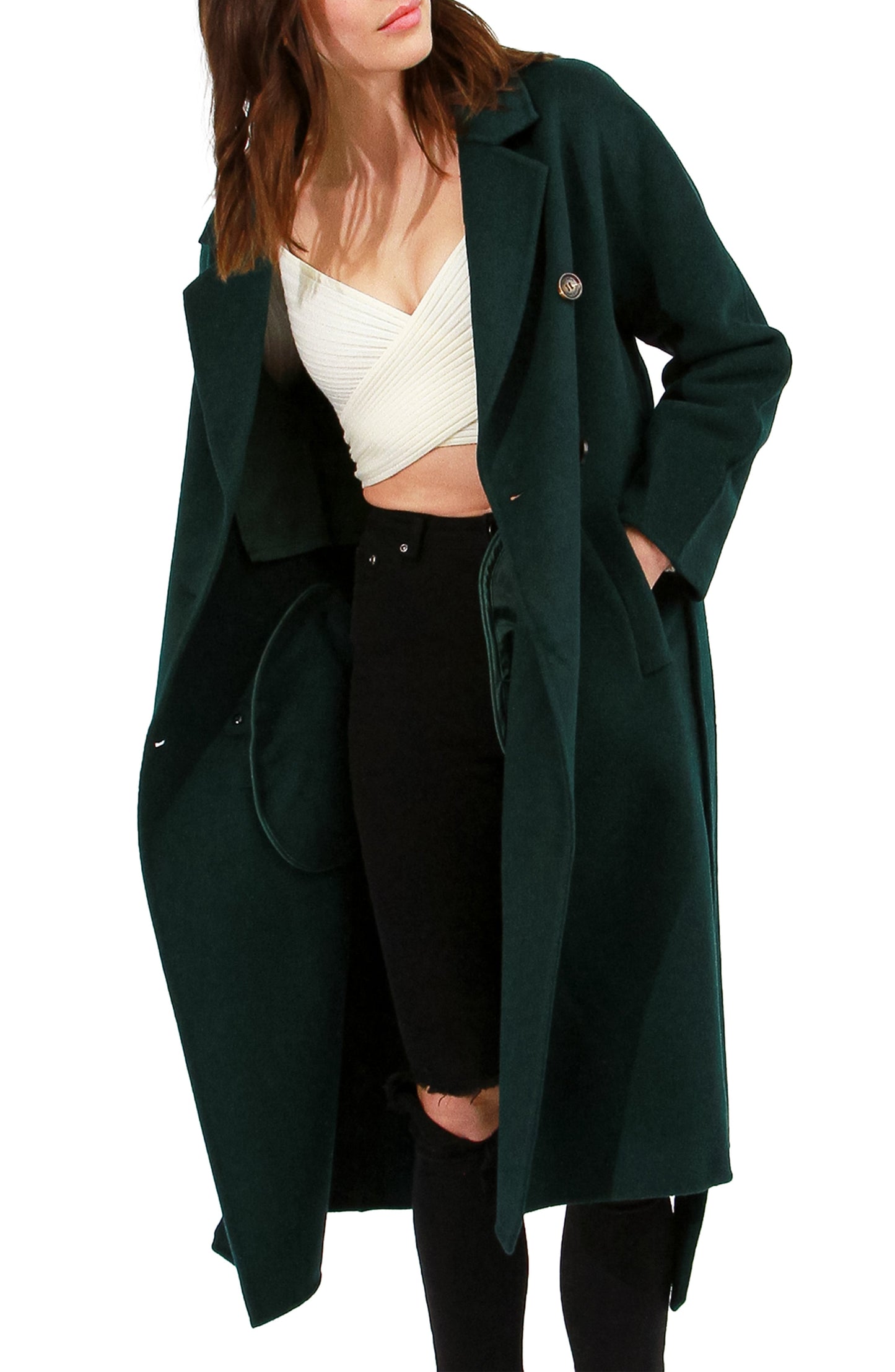 Standing Still Wool Blend Belted Coat - Dark Green