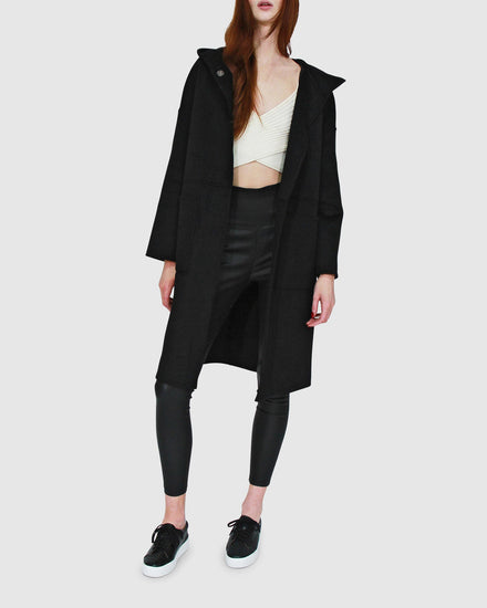 Sunday Morning Wool Blend Hooded Coat - Black