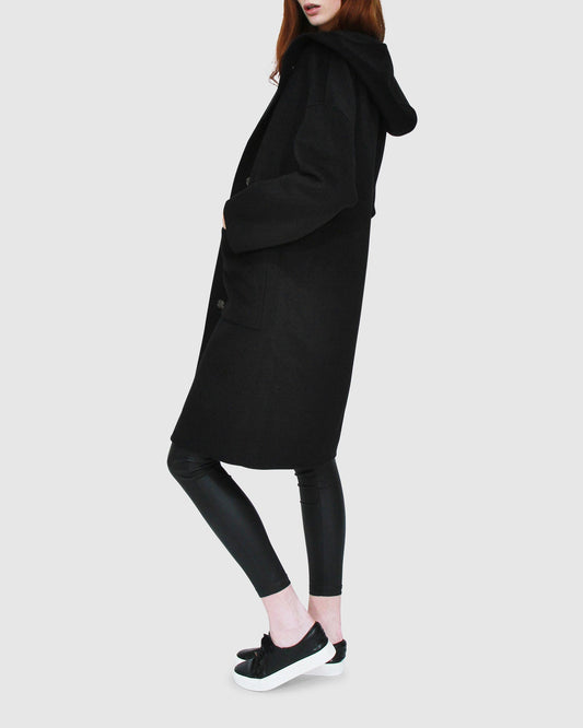 Sunday Morning Wool Blend Hooded Coat - Black