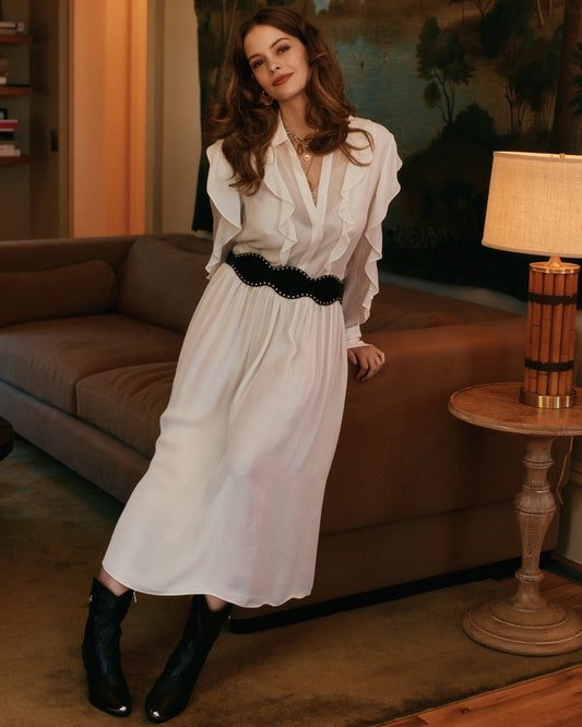 White Slow Dance Frill Midi Dress with button front - alternate view