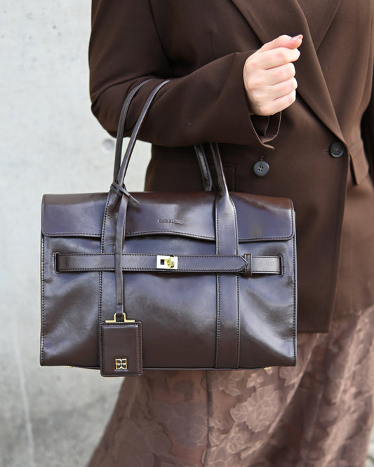 Chocolate So What Tote Bag with adjustable straps and top handle - front view