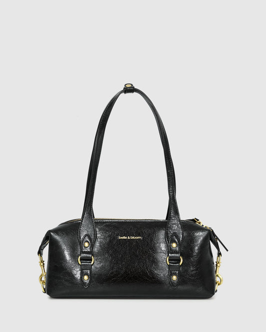 Black Tide Sling PU Bag with zip closure and handle drop 20cm - front view