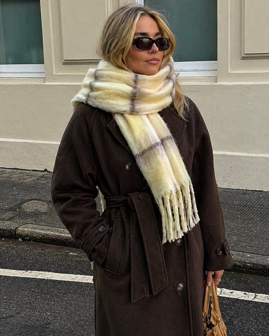 Yellow/Choc Plenty Of Love Scarf with fringe detailing and textured fringe trim - front view