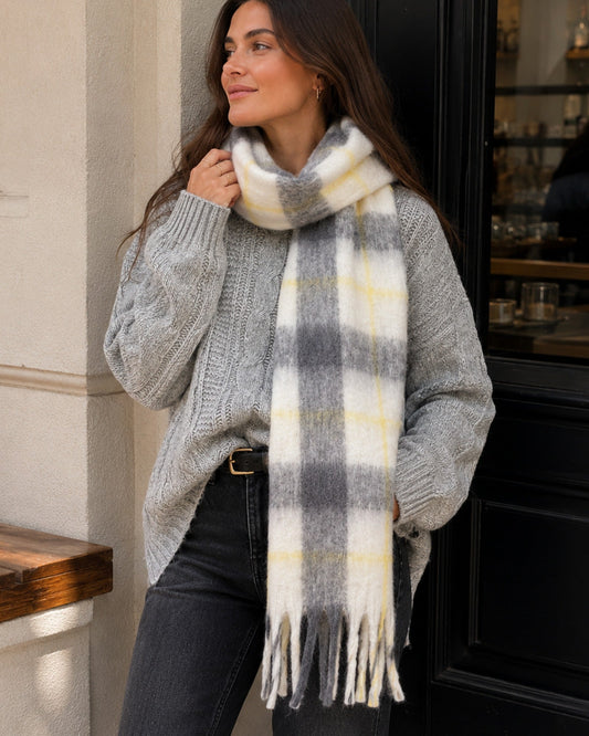 Yellow/Grey Easy Does It Scarf with fringe detailing and fringed edges - front view