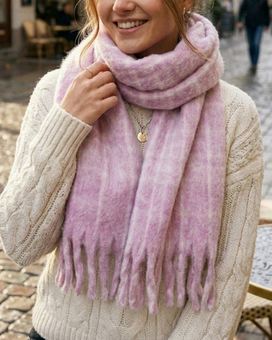 Pink Until We Kissed Scarf with fringe detailing and fringed edges - front view