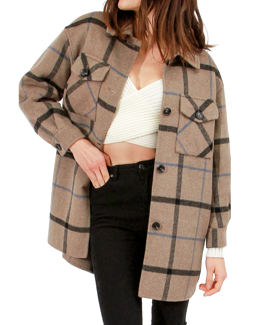 Back Together Wool Blend Belted Shacket - Oat Plaid
