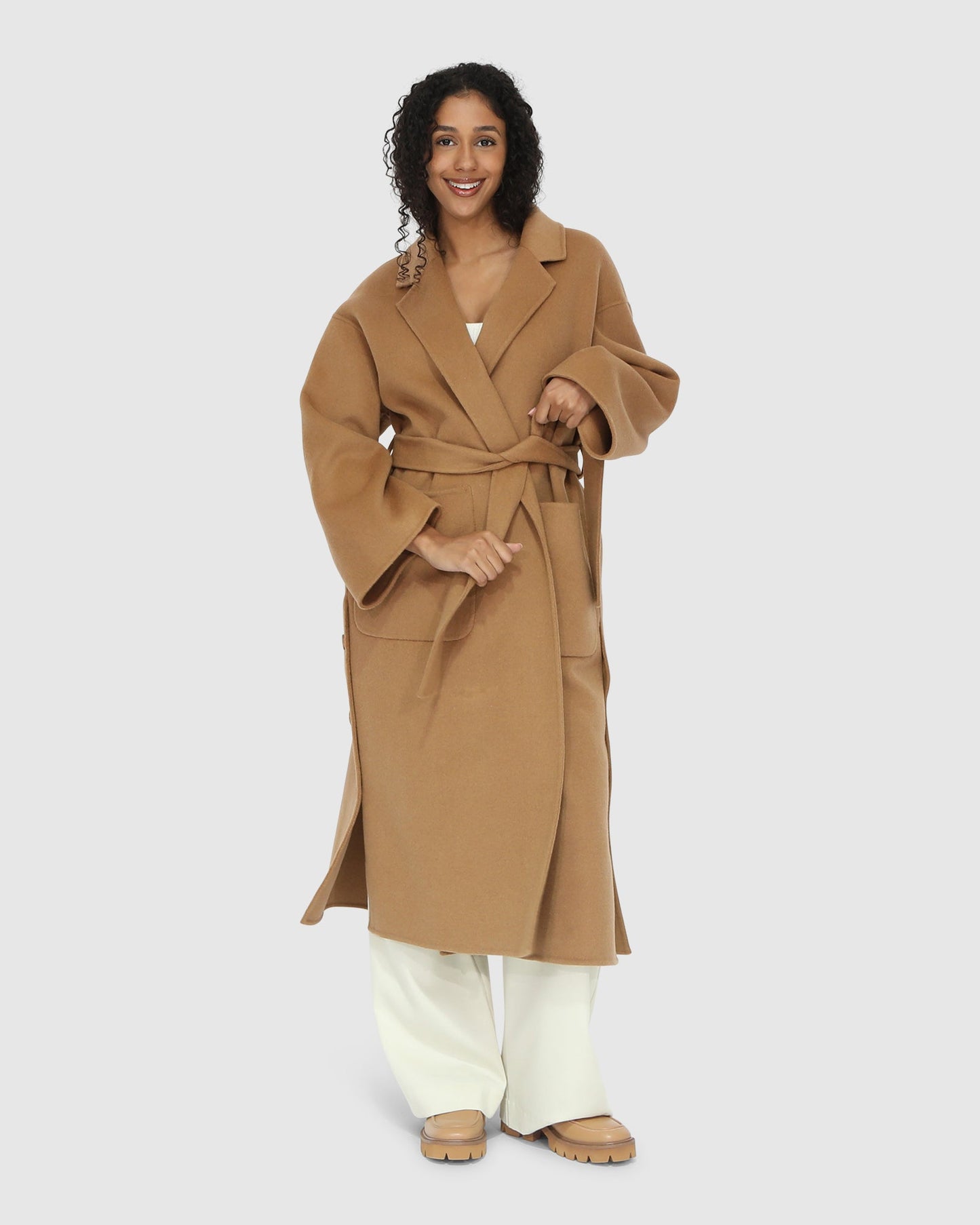 Wide Awake Wool Blend Split Hem Overcoat - Camel