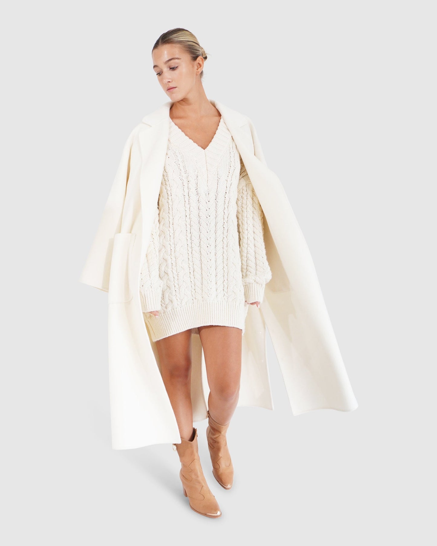 Wide Awake Wool Blend Split Hem Overcoat - Cream