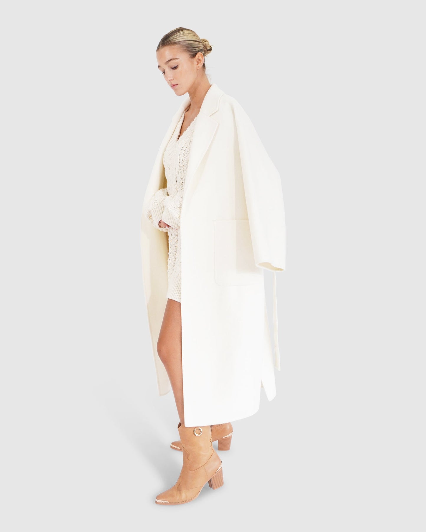 Wide Awake Wool Blend Split Hem Overcoat - Cream
