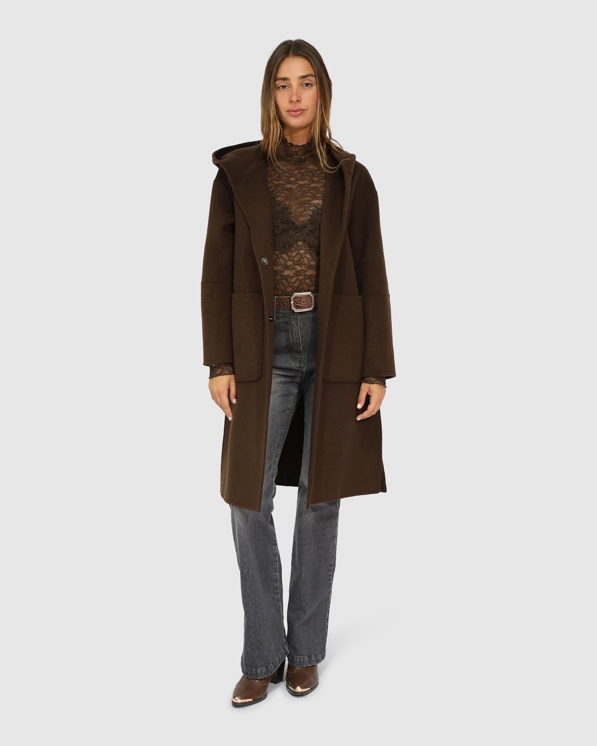 Chocolate Walk This Way Wool Blend Oversized Coat with large hood - alternate view