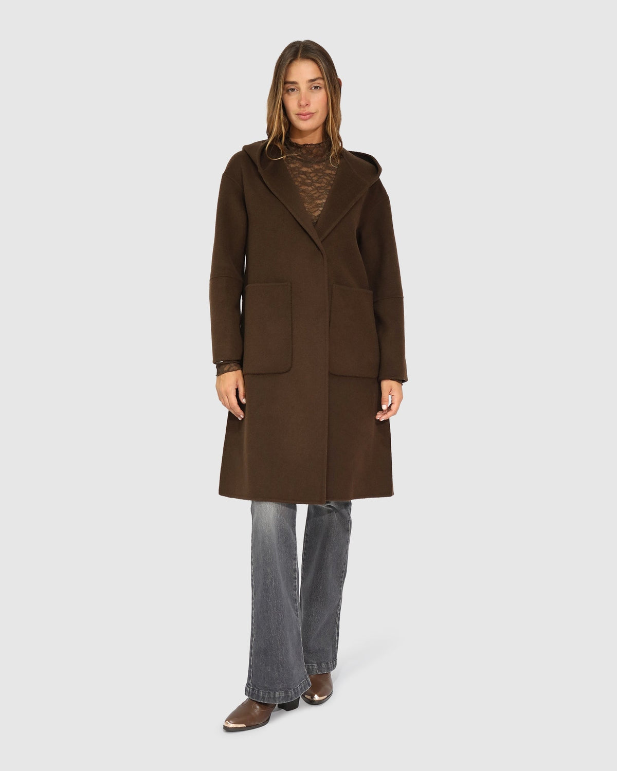 Chocolate Walk This Way Wool Blend Oversized Coat with oversized silhouette - alternate view