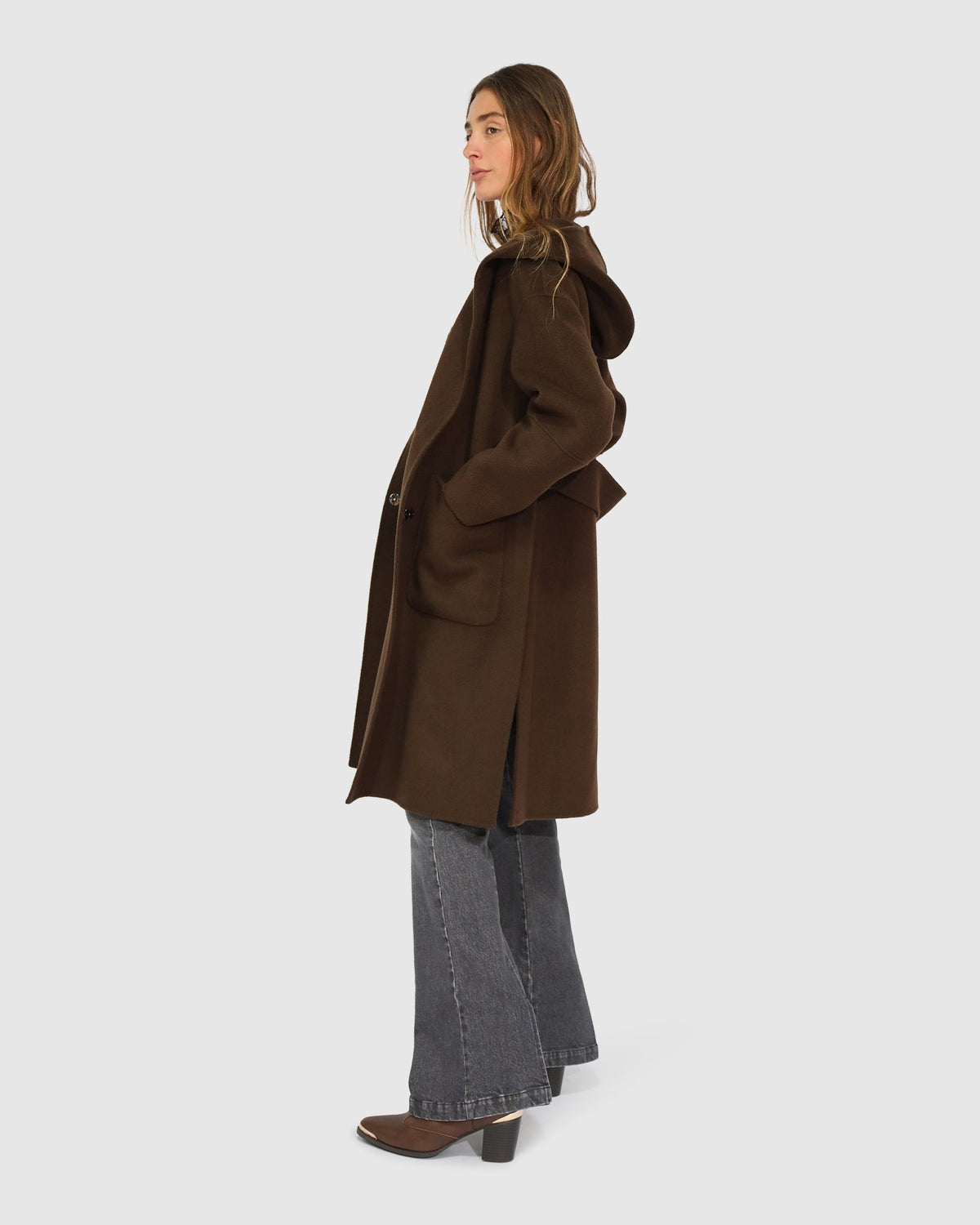 Chocolate Walk This Way Wool Blend Oversized Coat with hooded design - alternate view