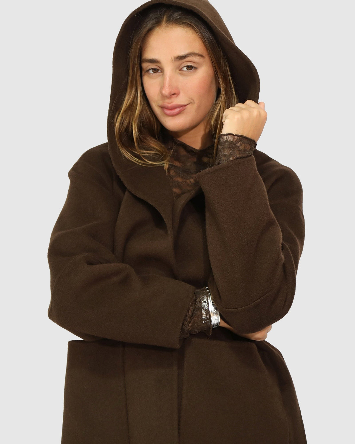 Chocolate Walk This Way Wool Blend Oversized Coat with oversized silhouette - alternate view