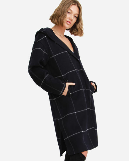 Walk This Way Wool Blend Oversized Coat - Navy Plaid