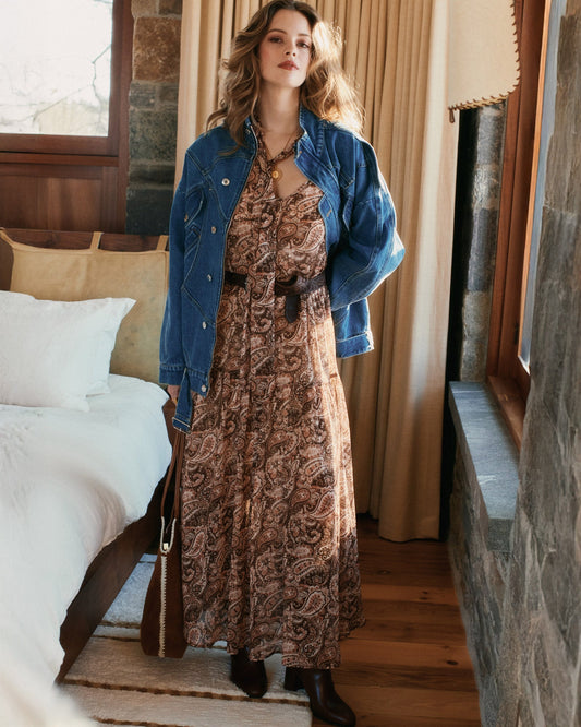 Print Waterfall Printed Maxi Dress with relaxed silhouette and tiered silhouette - front view