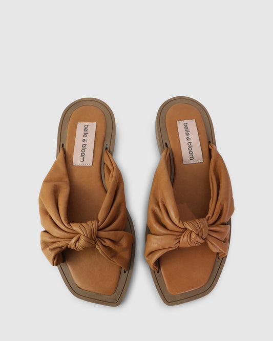 Caramel You & I Knot Detail Leather Slides with modern square-toe silhouette - alternate view