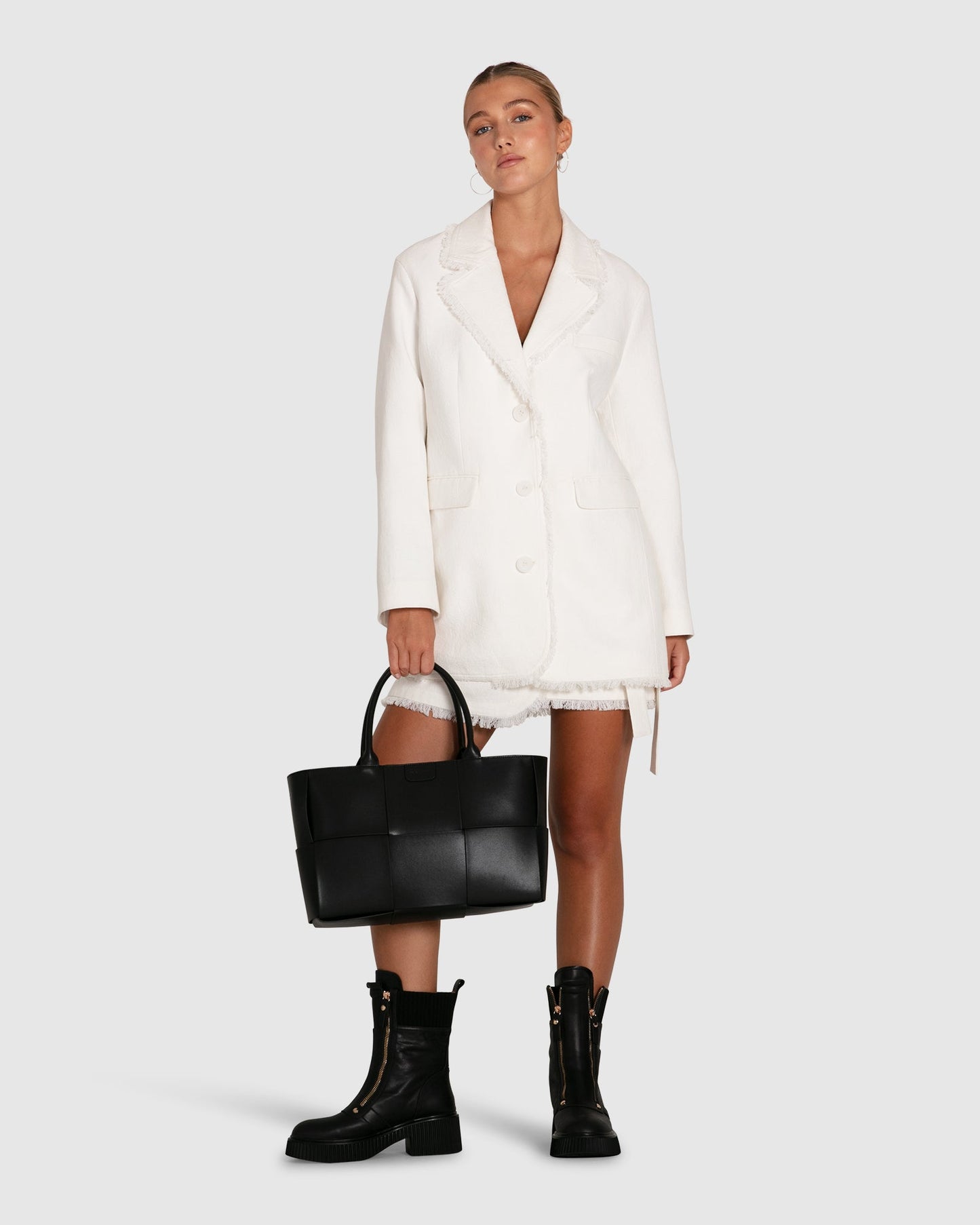 Young Blood Frayed Edge Blazer - Cream