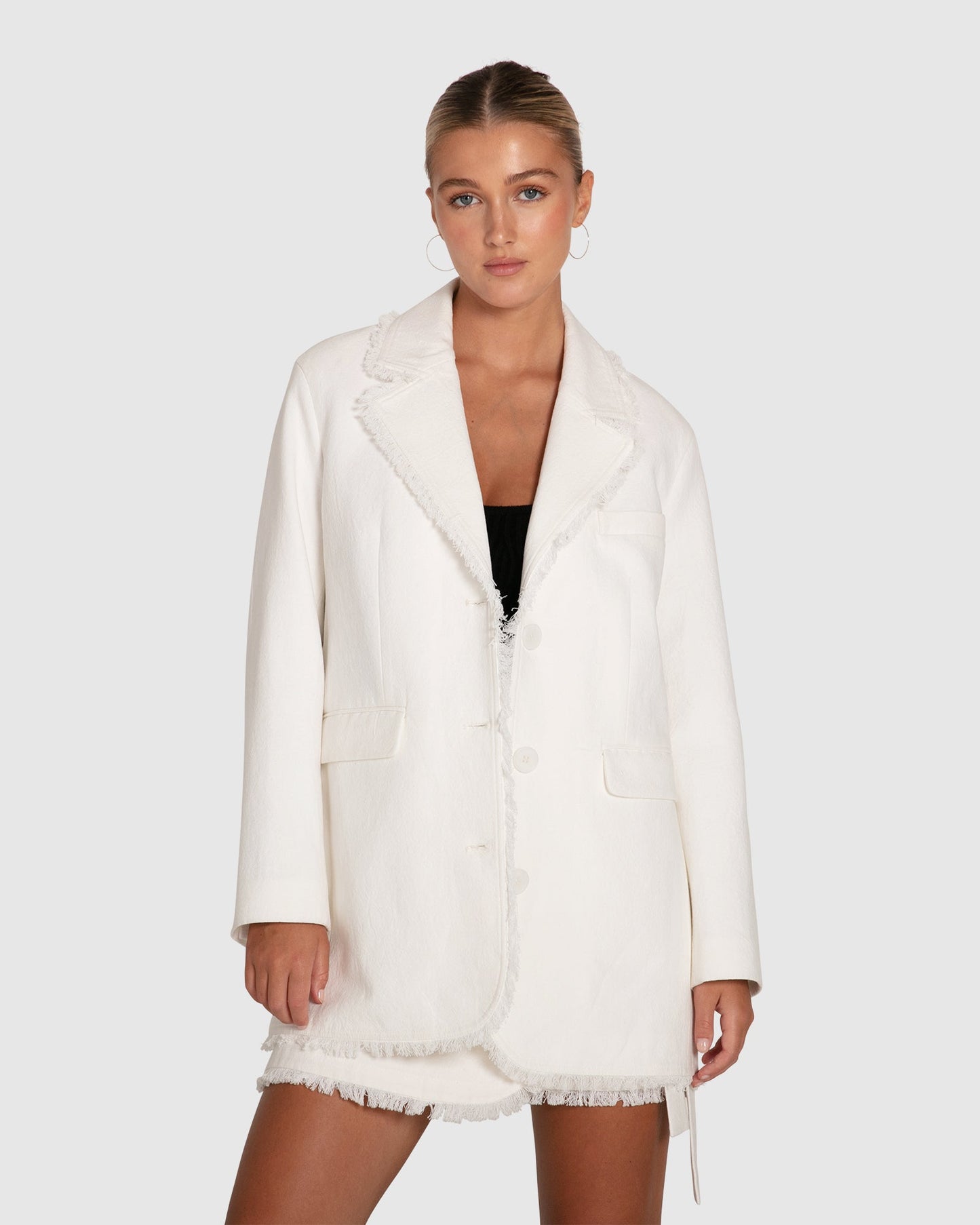 Young Blood Frayed Edge Blazer - Cream