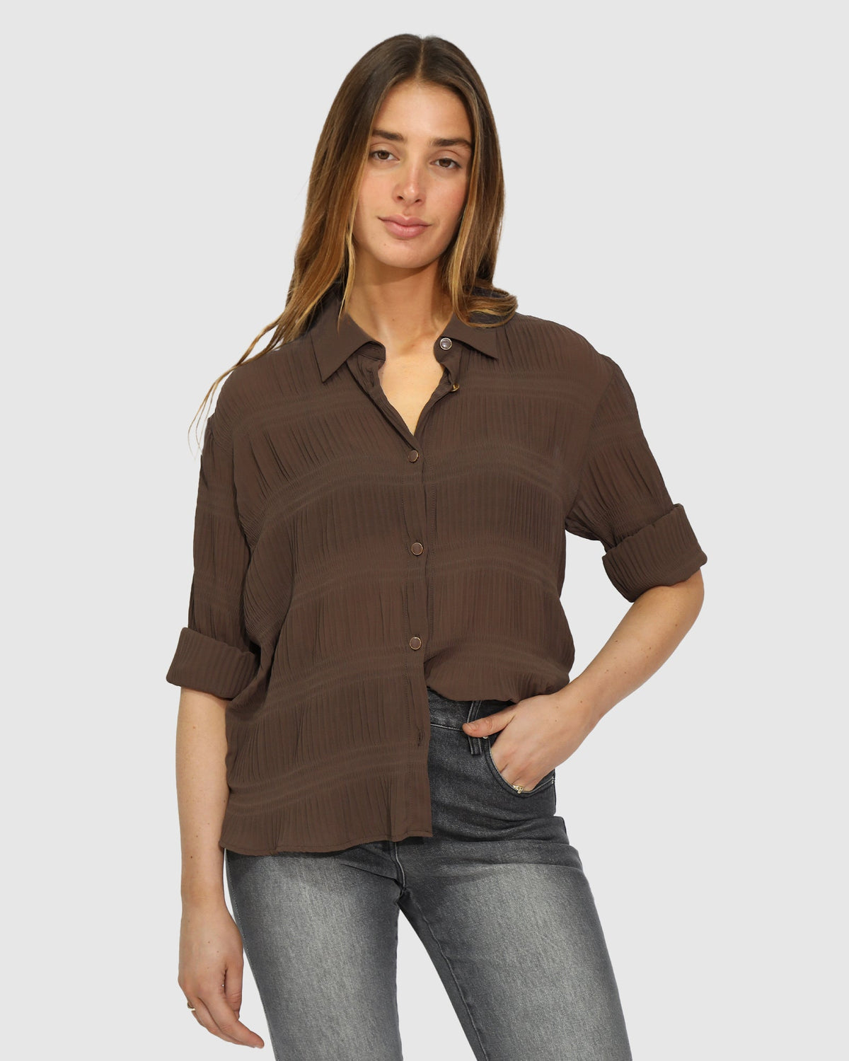 Chocolate Yoko Shirred Chiffon Blouse with pleated detailing and long sleeve - front view