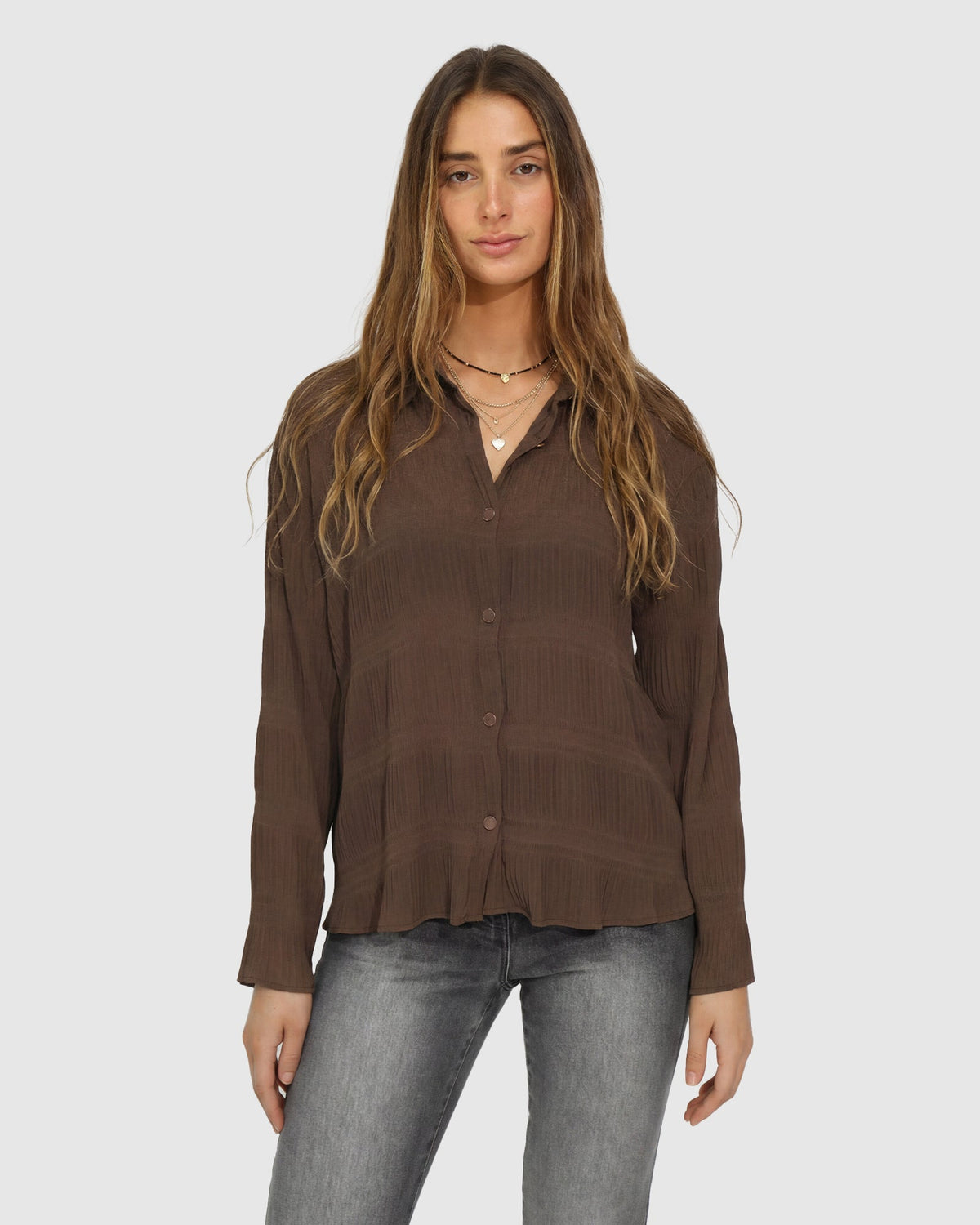 Chocolate Yoko Shirred Chiffon Blouse with pleated detailing - alternate view