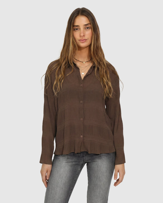 Chocolate Yoko Shirred Chiffon Blouse with pleated detailing - alternate view
