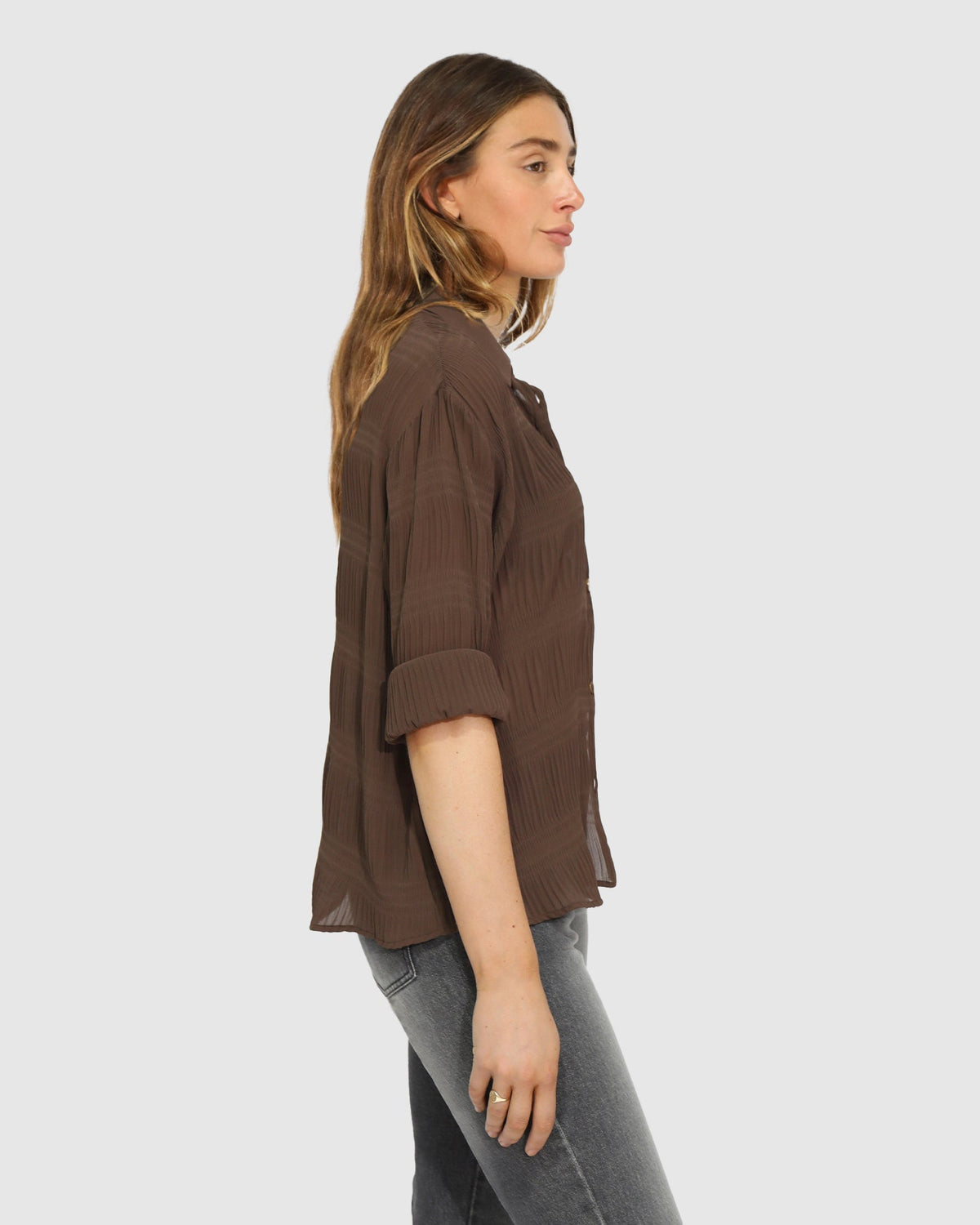 Chocolate Yoko Shirred Chiffon Blouse with long sleeve - alternate view