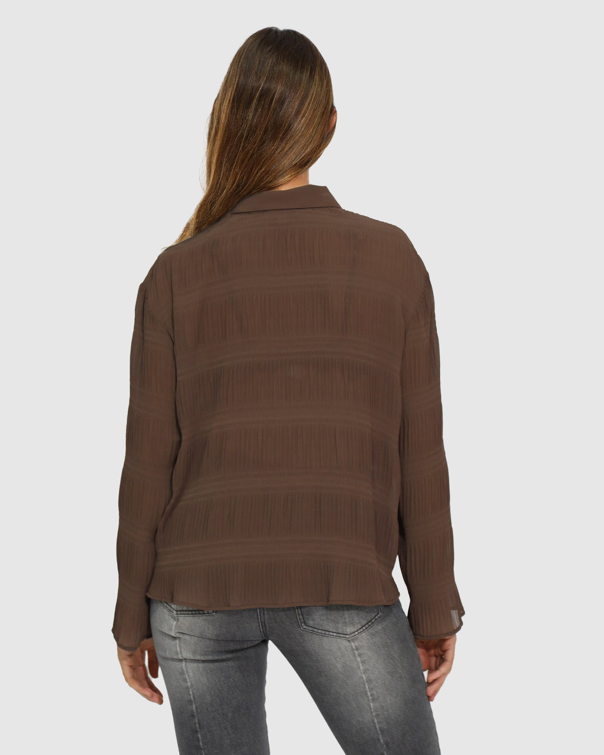 Chocolate Yoko Shirred Chiffon Blouse with decorative buttons - alternate view