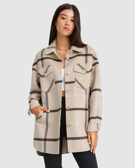 River's Edge Wool Blend Plaid Shacket - Beige