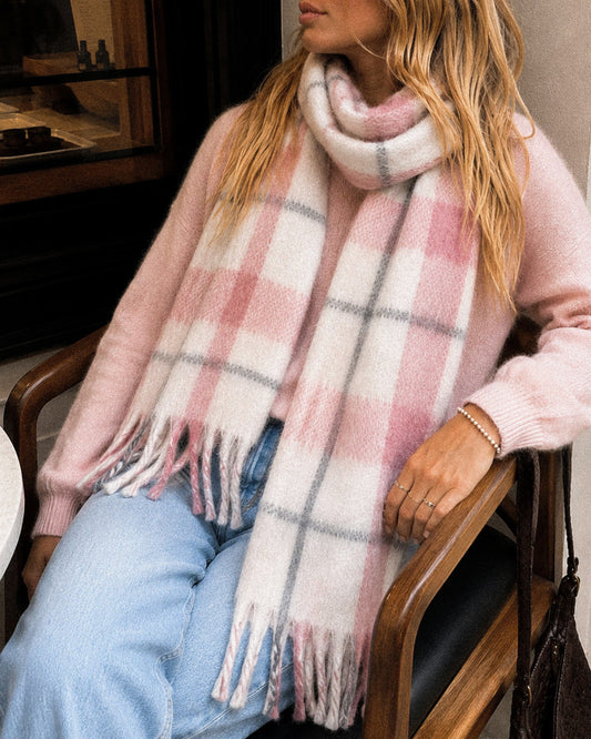 Pink/Grey Sunset Movie Scarf with fringe detailing and fringed edges - front view