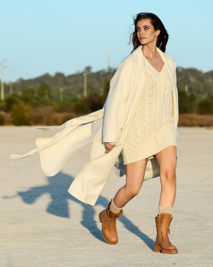 Wide Awake Wool Blend Split Hem Overcoat - Cream